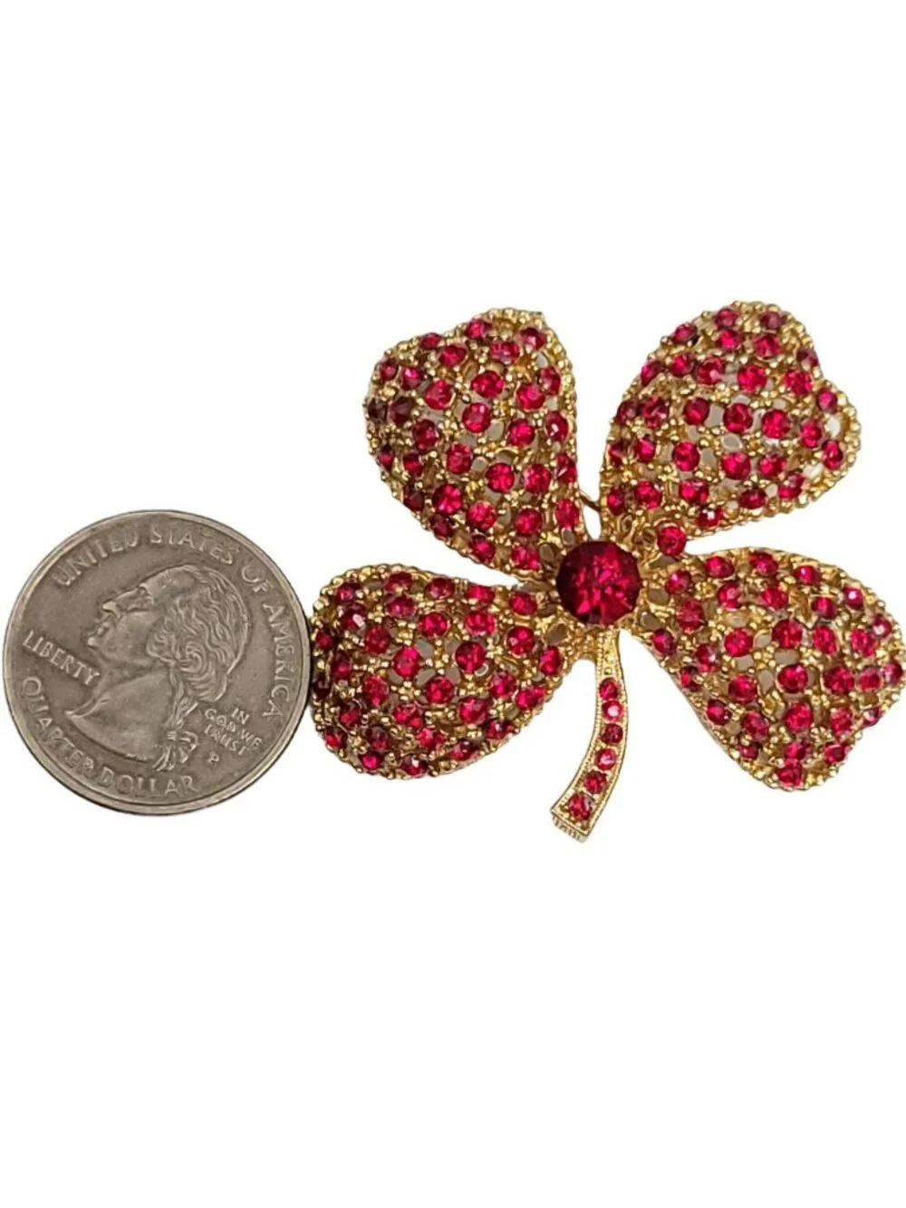 Signed ART Arthur Pepper Gold-Tone RES Pink Rhinestone Clover Leaf Brooch